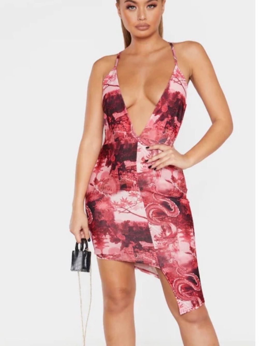 PrettyLittleThing Red Dragon Print Asymmetric Bodycon Dress